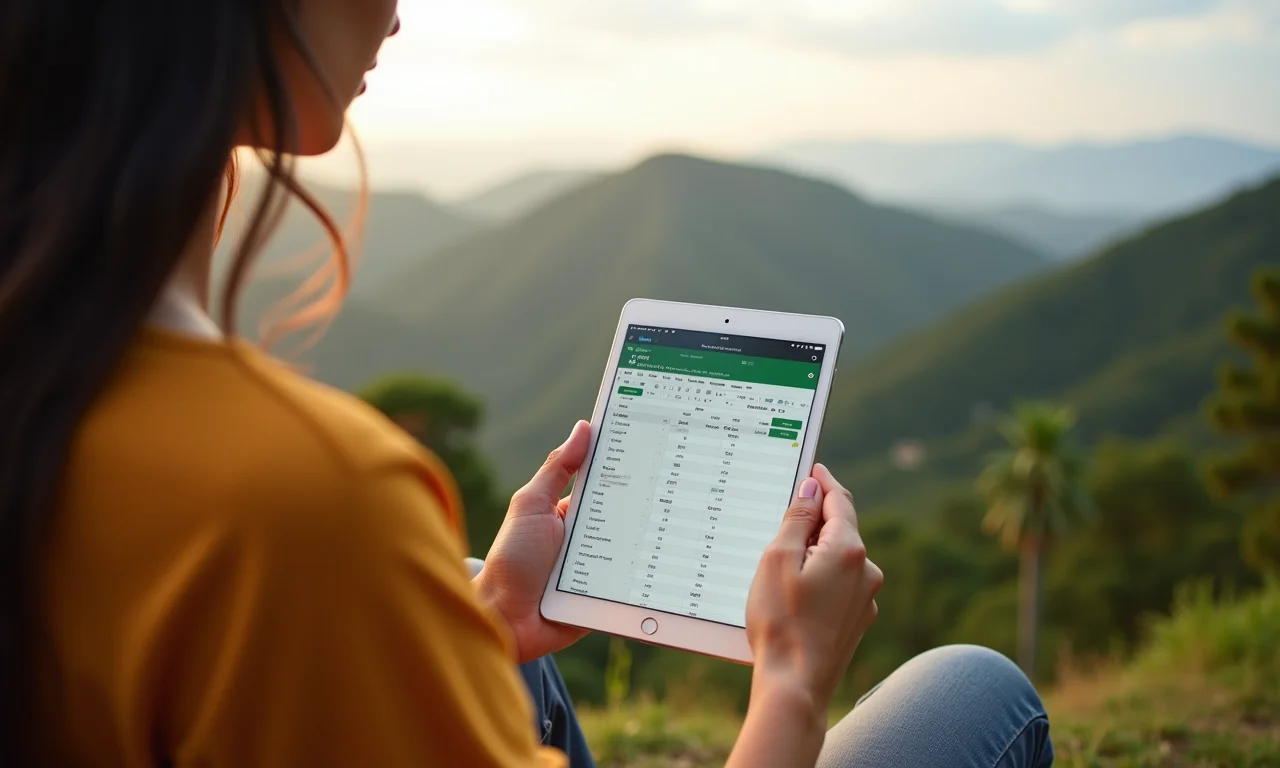 Mulher usando Google Sheets no tablet ao ar livre.