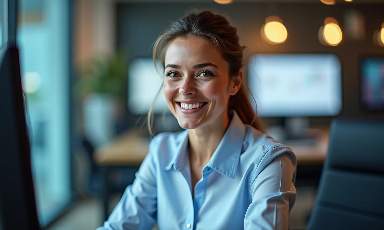 Mulher usando software CRM para gerenciar interações com clientes, com expressão amigável.