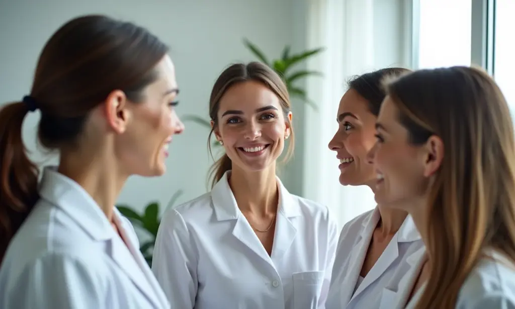 Mulheres diversas discutindo opções de depilação a laser em clínica moderna no Brasil.