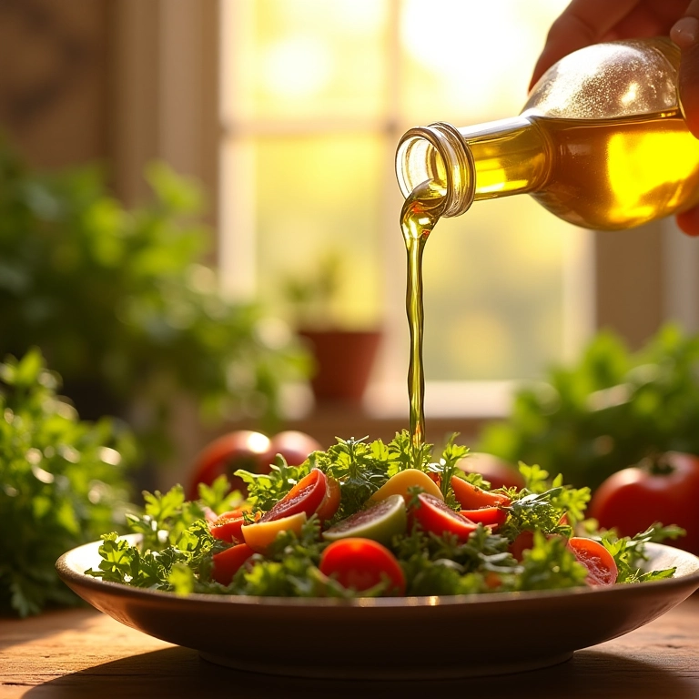 Óleo vegetal sendo usado em uma salada fresca e colorida.