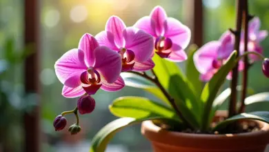 Orquídea Vanda exuberante florescendo em vaso de barro.