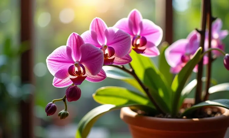 Orquídea Vanda exuberante florescendo em vaso de barro.