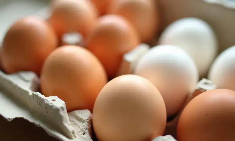 Ovos brancos e marrons em uma caixa, mostrando a diferença de cor.