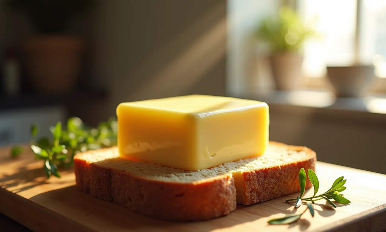 Pão integral com manteiga e ervas, destacando os nutrientes.