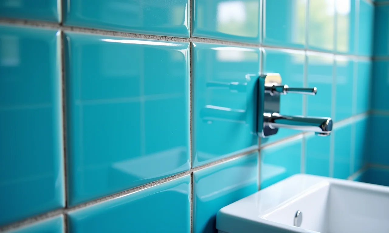 Parede de banheiro com azulejos azuis e rejunte acrílico.