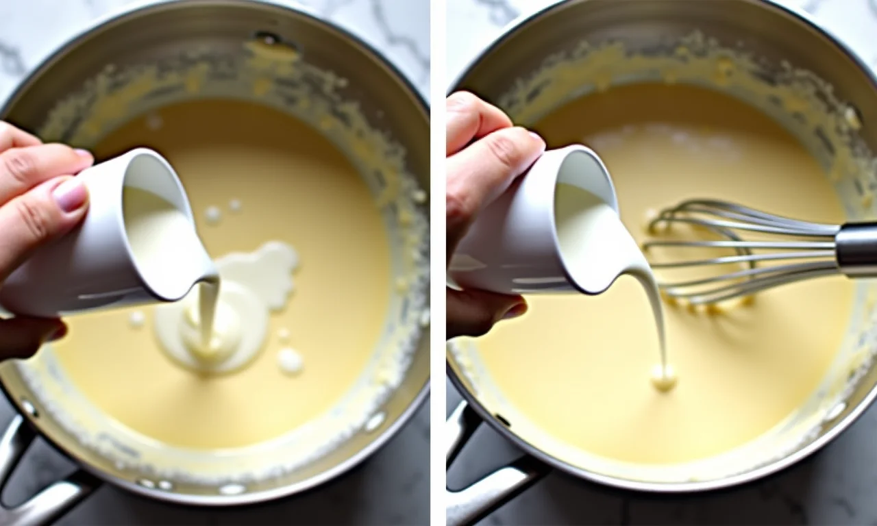 Passo a passo da preparação do molho branco em uma panela.