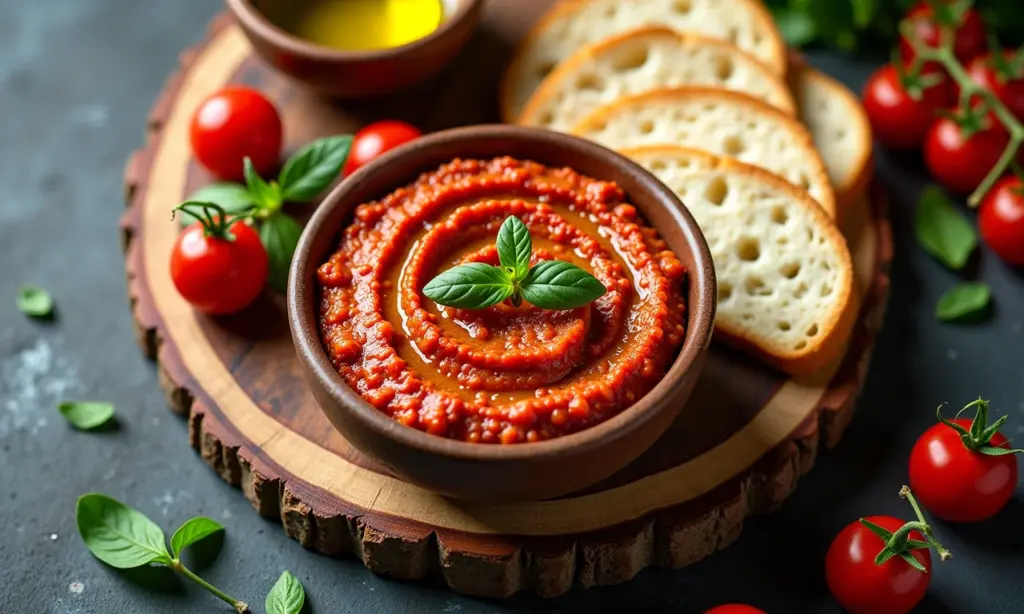 Como Fazer Pate De Tomate Seco Pate de tomate seco caseiro em tábua rústica.