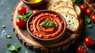 Pate de tomate seco caseiro em tábua rústica.