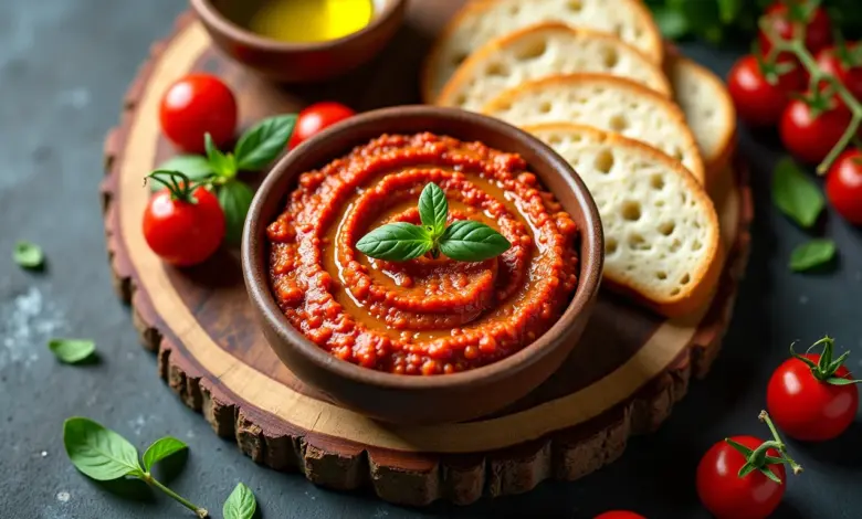 Pate de tomate seco caseiro em tábua rústica.