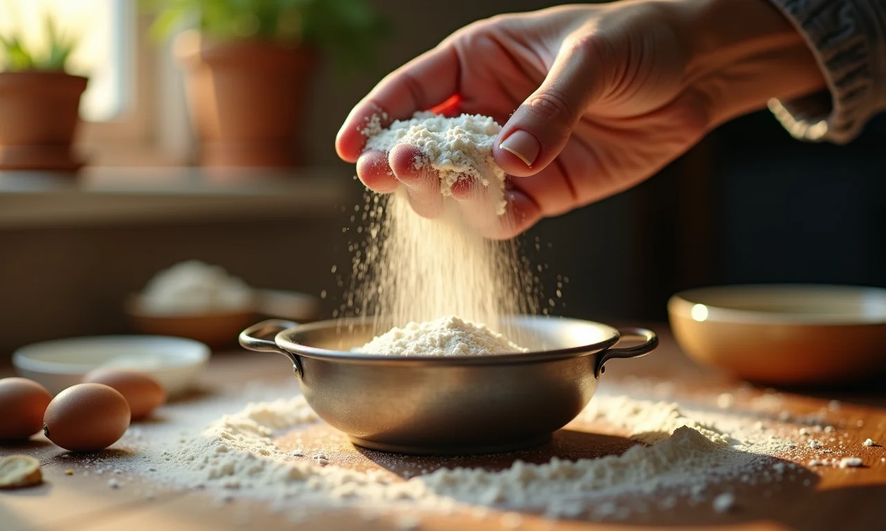 Peneirando farinha para preparar a massa do bem casado.