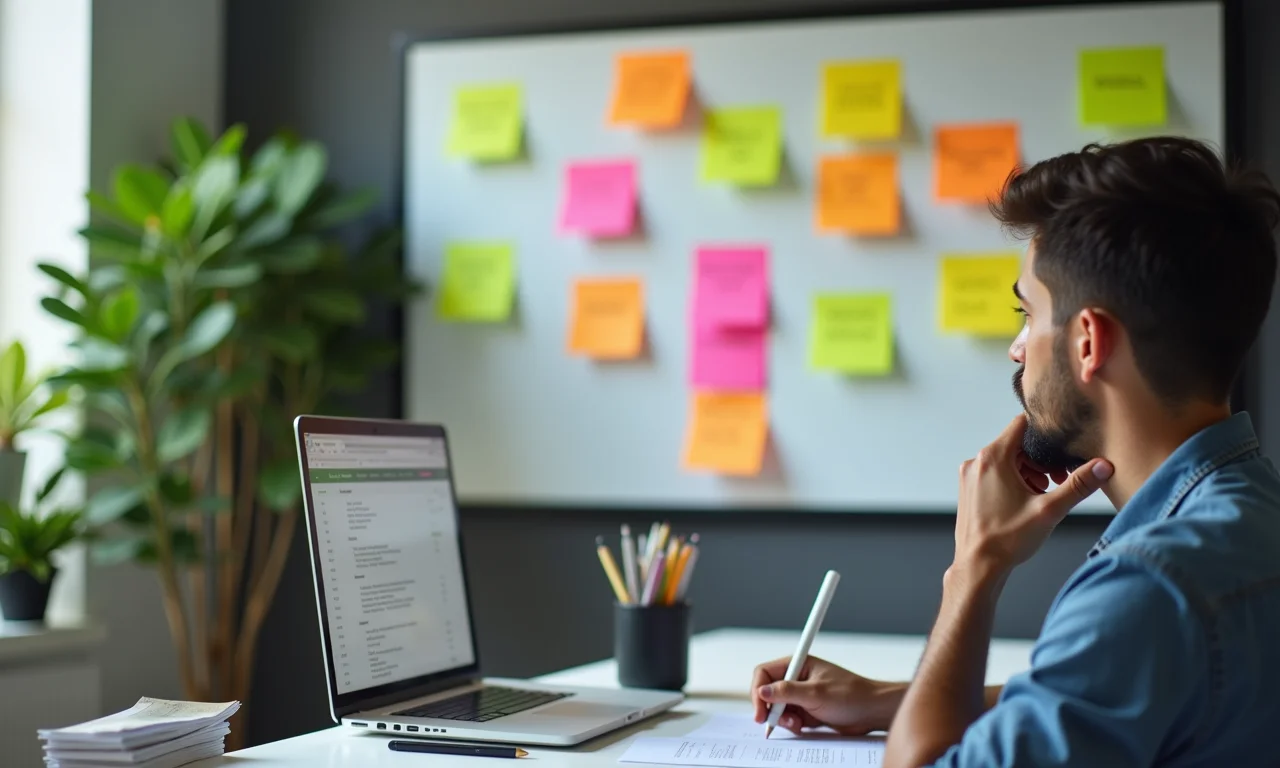 Pessoa considerando contra-argumentos exibidos em notas adesivas.