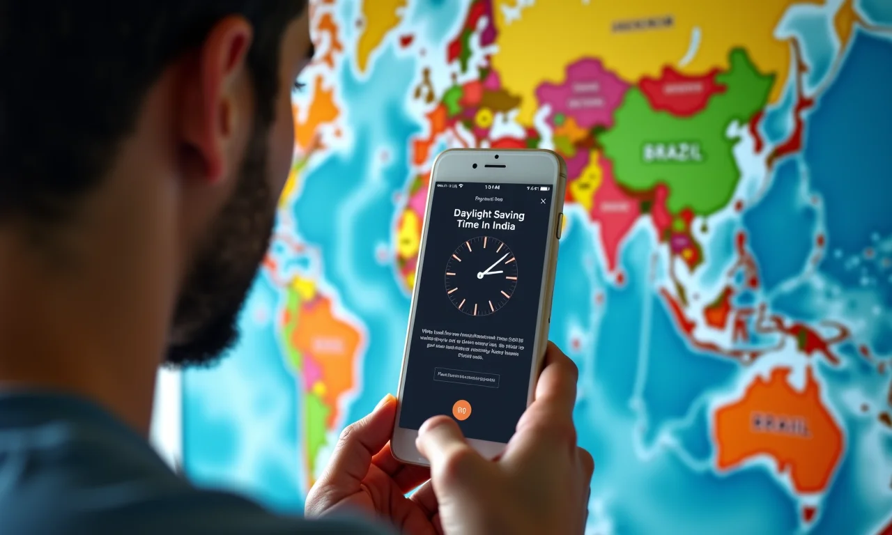 Pessoa consultando informações sobre horário de verão na Índia em um celular.