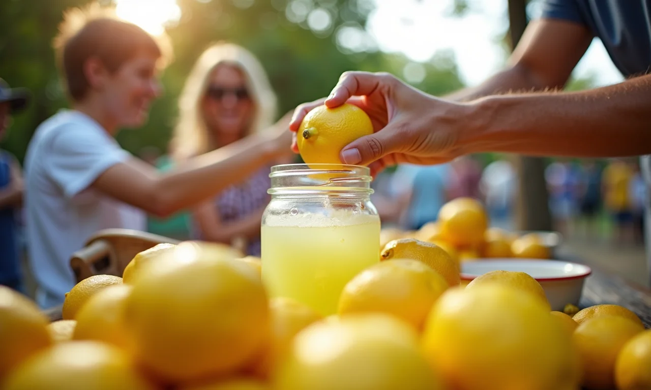 Pessoa espremendo limões em uma vibrante barraca de limonada, representando a 'Limonada' da Effectuation.