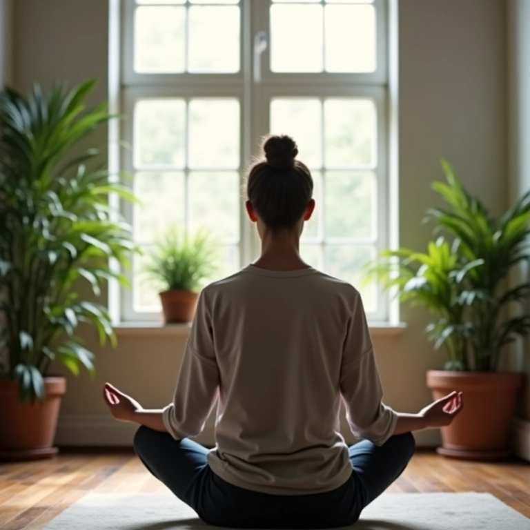 Pessoa meditando em espaço de escritório tranquilo.
