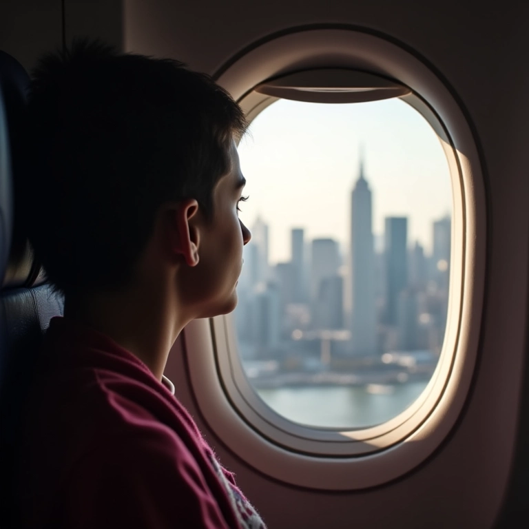 Pessoa olhando pela janela de um avião, simbolizando os desafios da emigração.