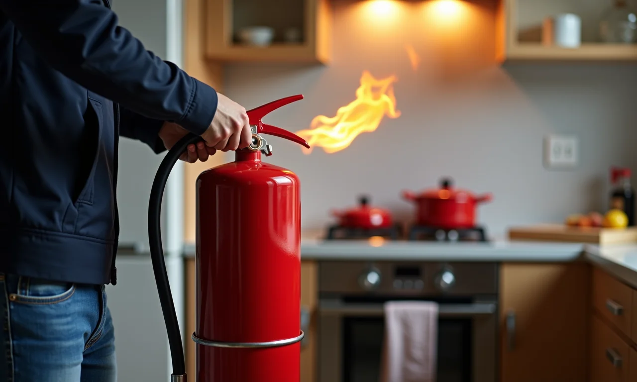 Pessoa usando um extintor de incêndio para apagar um fogo na cozinha.