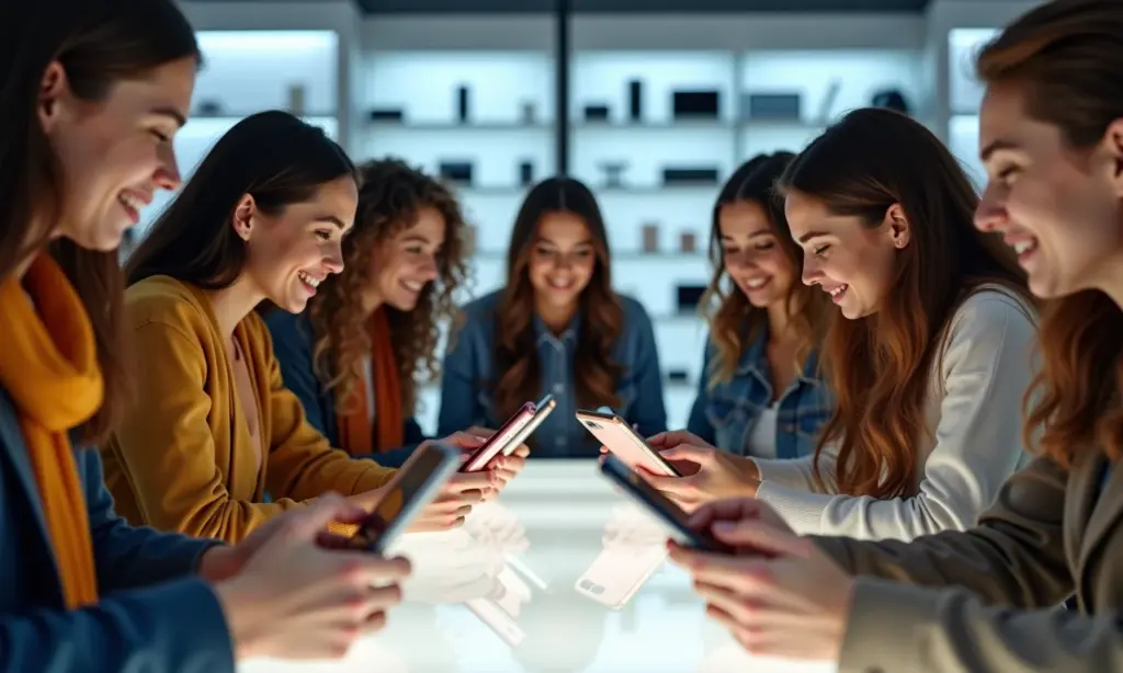 Pessoas comparando modelos de iPhone em loja no Brasil.