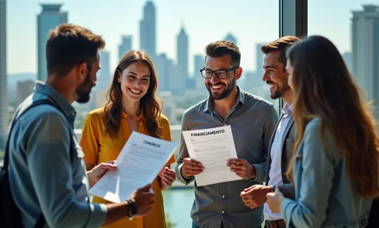 Pessoas comparando opções de consórcio e financiamento para motos em cenário urbano brasileiro.