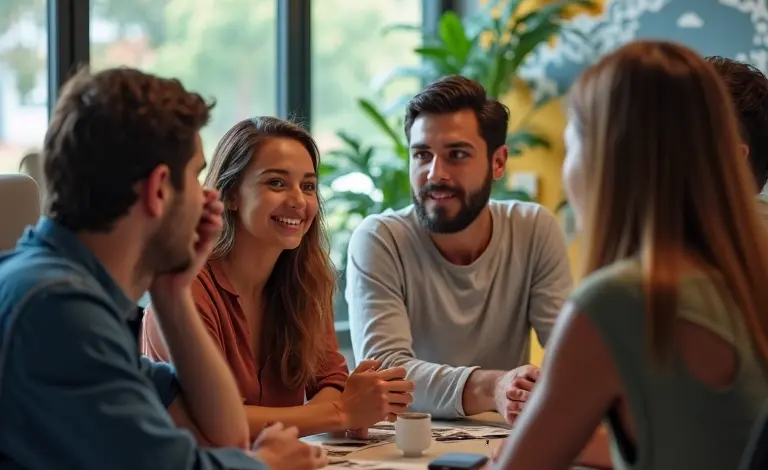 Pessoas diversas discutindo trabalho e emprego em espaço de coworking moderno.