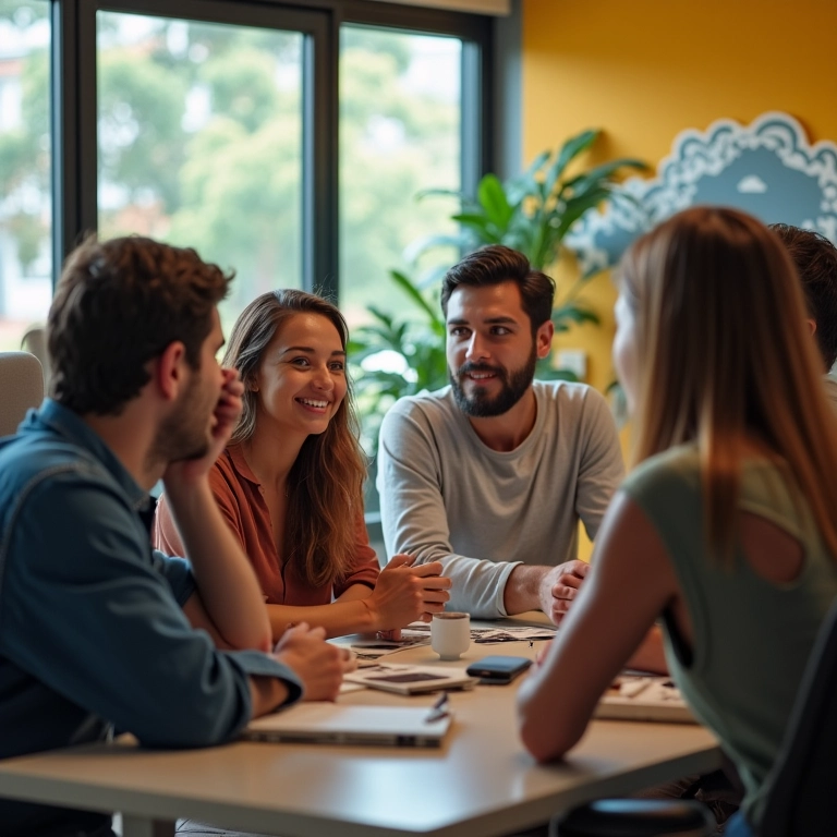 Qual A Diferença De Trabalho Para Emprego? Pessoas diversas discutindo trabalho e emprego em espaço de coworking moderno.