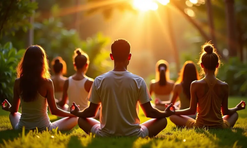 Qual A Diferença Entre Religiosidade E Espiritualidade? Pessoas diversas meditando em jardim brasileiro, representando espiritualidade e religiosidade.