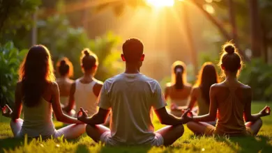 Pessoas diversas meditando em jardim brasileiro, representando espiritualidade e religiosidade.