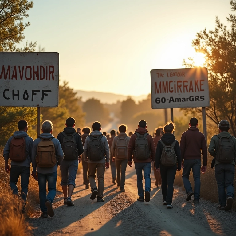 Qual A Diferença De Migrante Emigrante E Imigrante? Pessoas em movimento perto de placas de fronteira, representando migração.