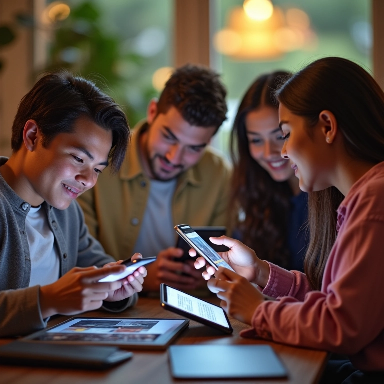 Pessoas interagindo positivamente com posts em diversas redes sociais.