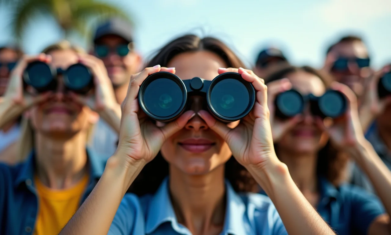 Pessoas usando binóculos, simbolizando a fiscalização do governo.