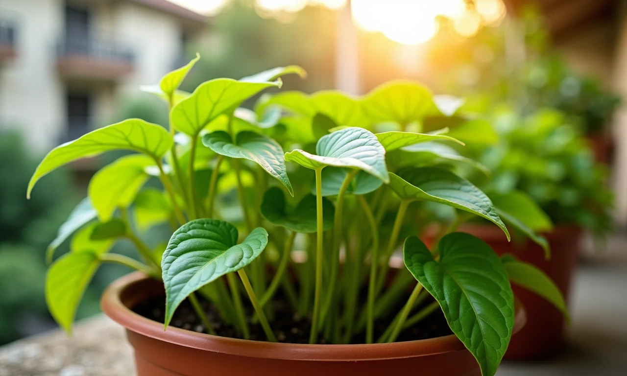 Physalis crescendo em vaso em varanda ensolarada.