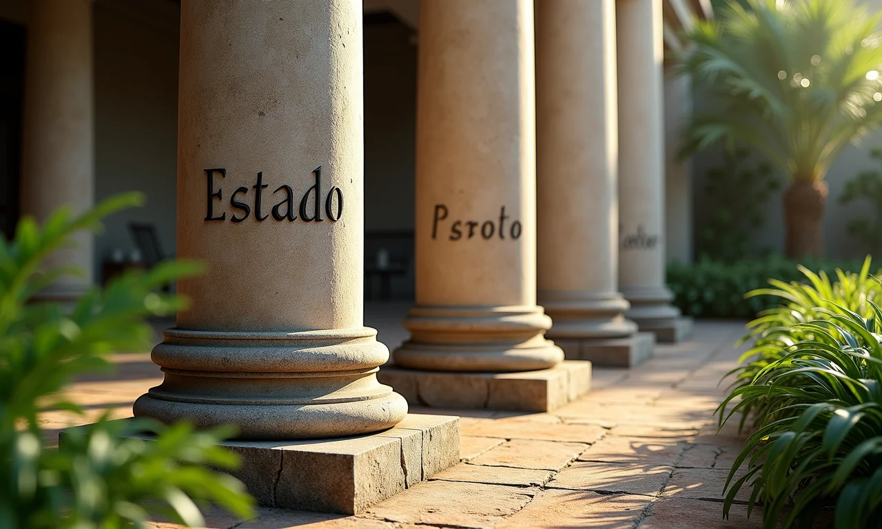 Pilares representando o Estado como a base da sociedade, com plantas ao redor.