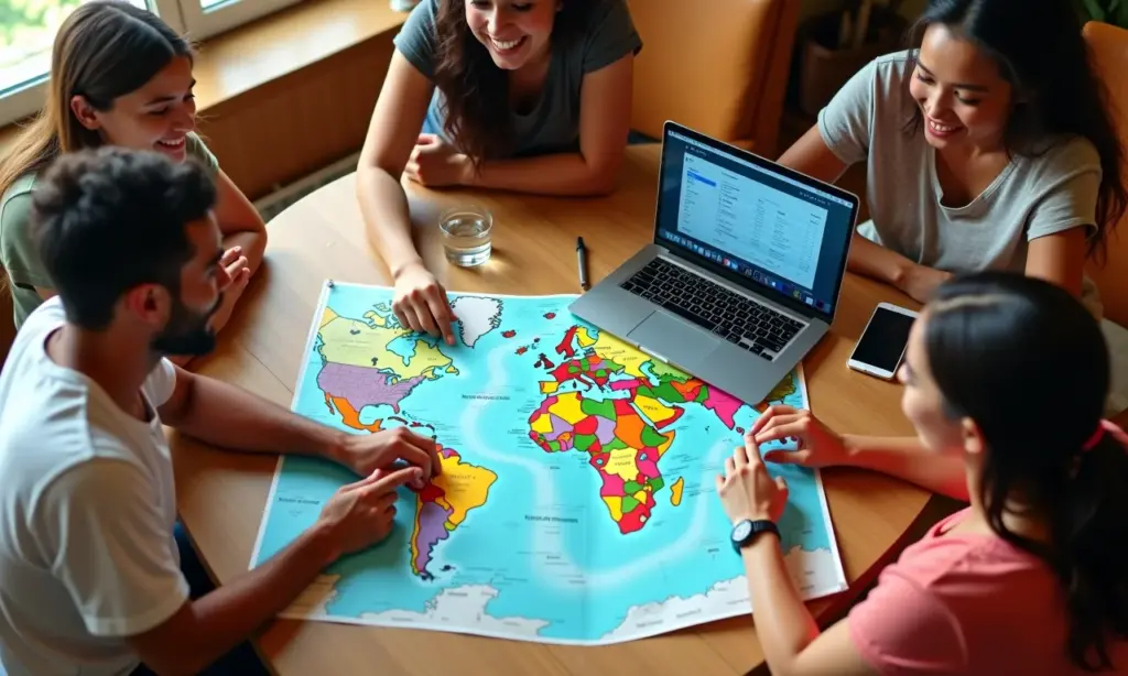 Planejamento de Viagem Internacional: Checklist Completo Planejamento de viagem em grupo com mapas e laptop.