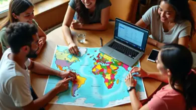 Planejamento de viagem em grupo com mapas e laptop.