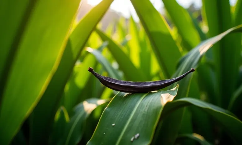 Plantação exuberante de orquídeas de baunilha no Brasil, com vagens verdes e iluminação natural.