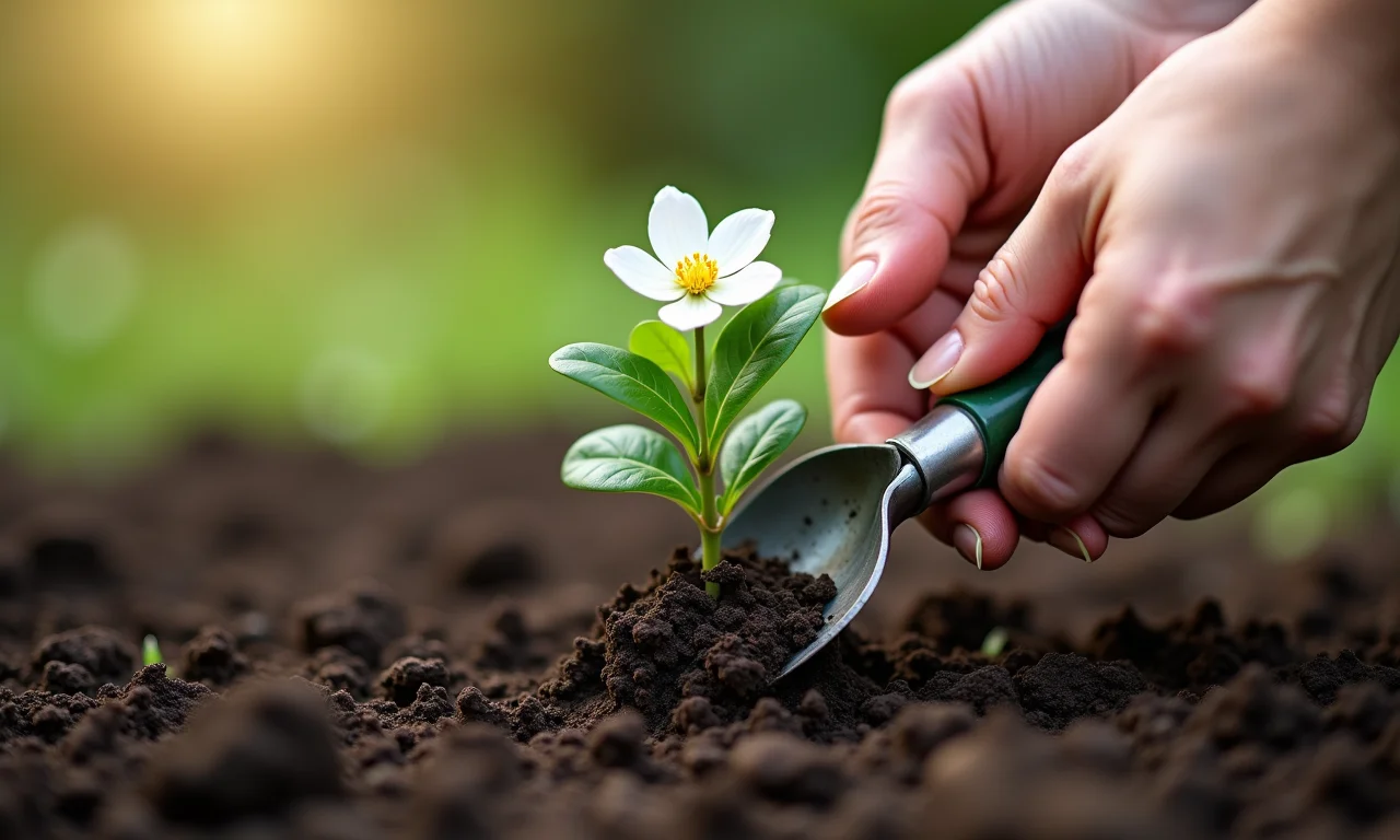 Plantando muda de jasmim no solo preparado.