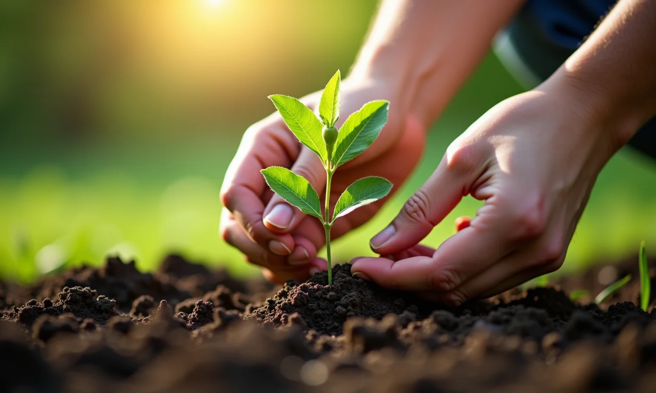 Plantando muda de maçã com cuidado.