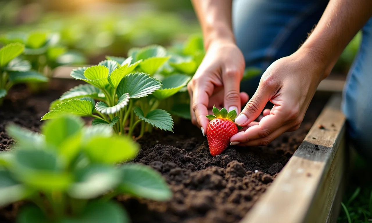 Plantando mudas de morango corretamente no canteiro.