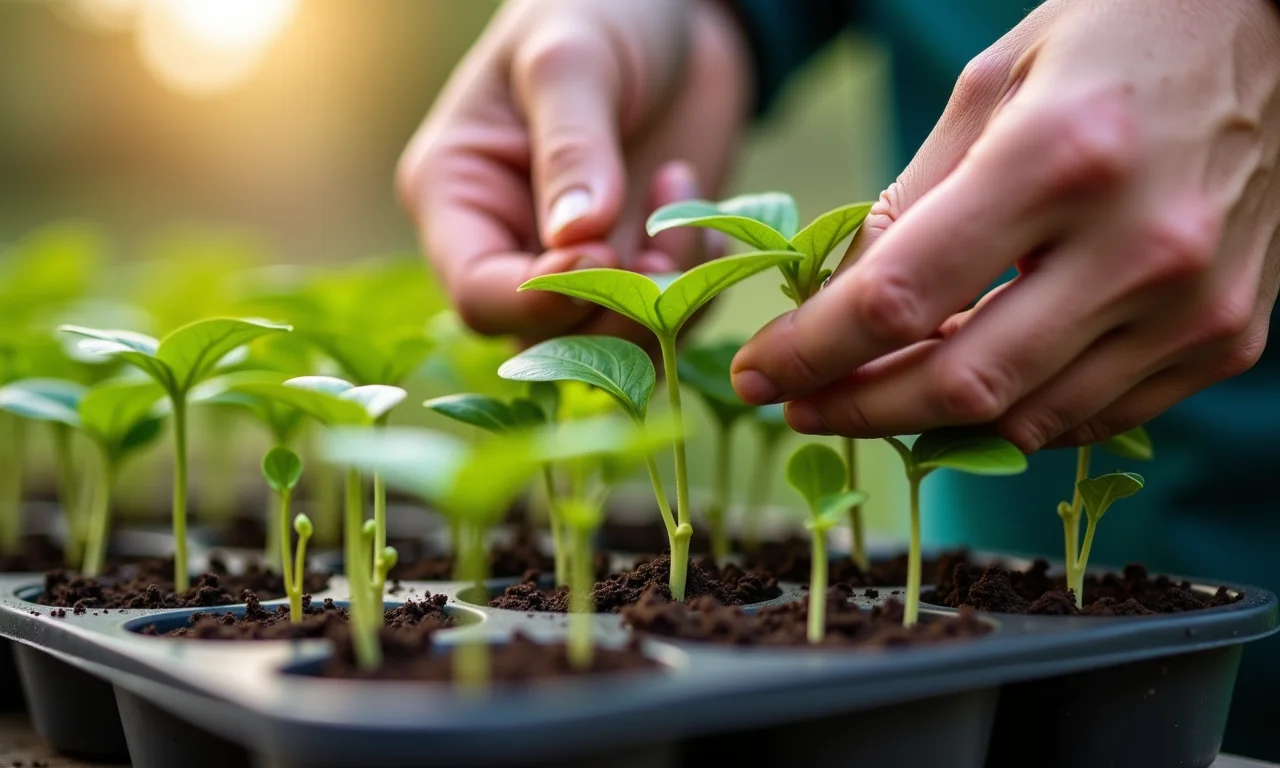 Plantando sementes de physalis em bandejas de mudas.