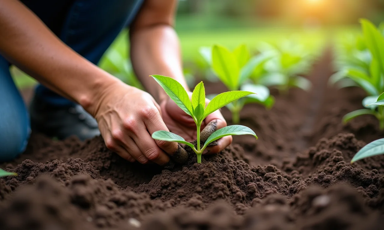 Plantio de muda de mamão em solo bem preparado, com técnica correta.