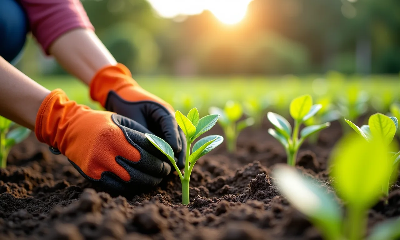 Plantio de mudas de jambu em canteiro.