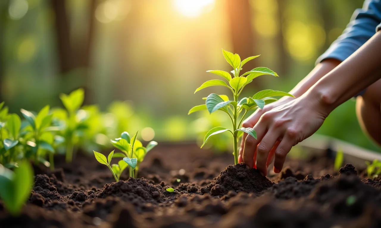 Plantio de mudas de physalis em jardim ensolarado.