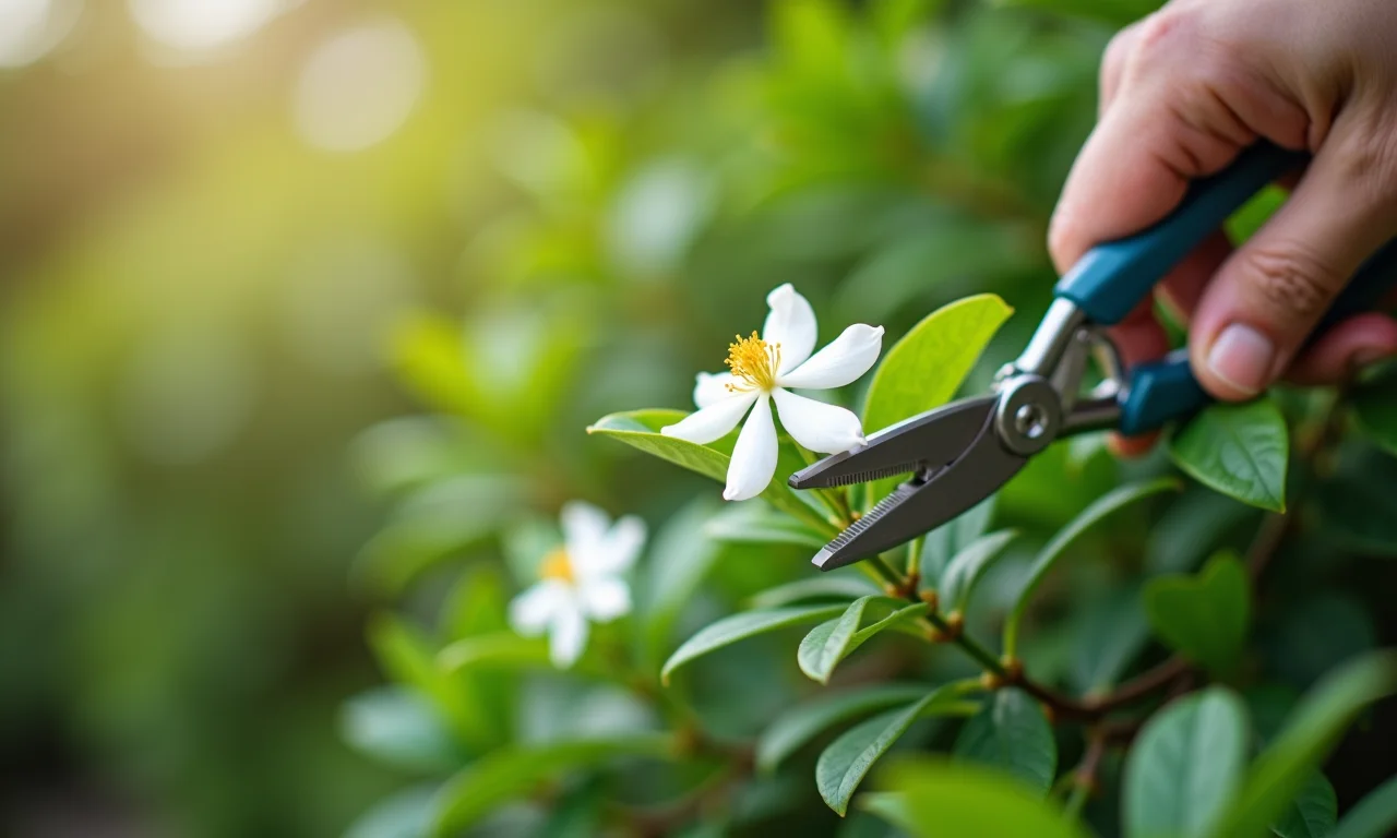 Podando planta de jasmim para estimular a floração.