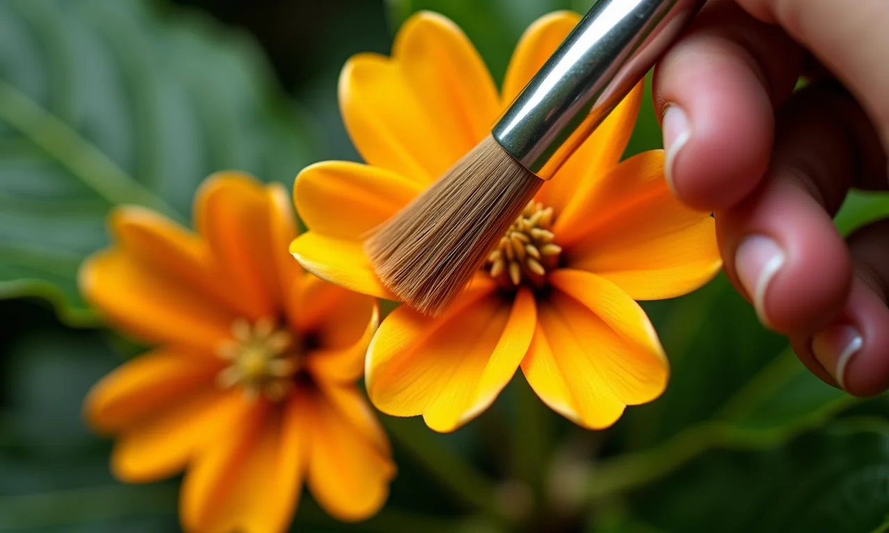Polinização manual de flores de mamão com um pincel, detalhando a transferência do pólen.