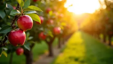 Pomar de macieiras com frutos vermelhos maduros.