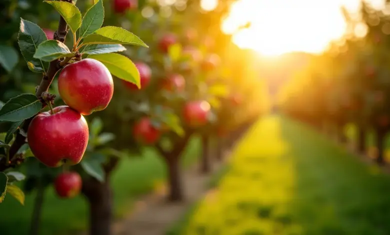 Pomar de macieiras com frutos vermelhos maduros.
