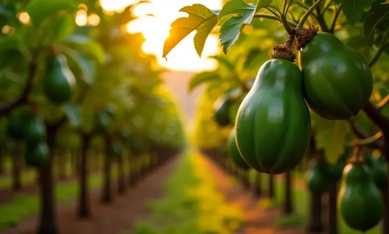 Pomar de mamão fêmea exuberante no Brasil, com frutos maduros e iluminação dourada.
