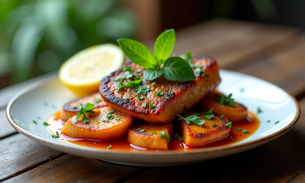 Prato com sassami cozido e ervas frescas.