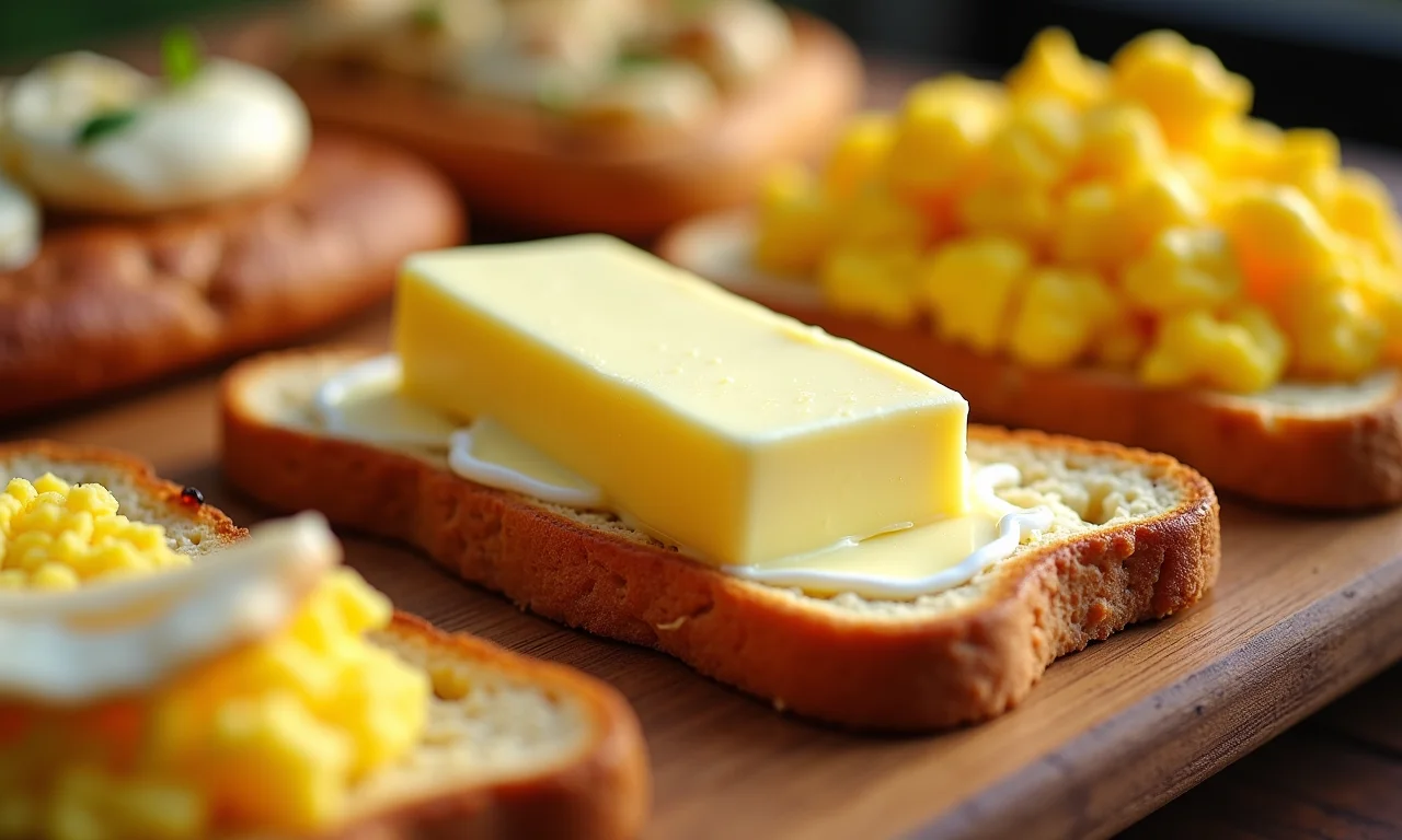 Pratos saborosos com manteiga: torradas, doces, ovos mexidos.