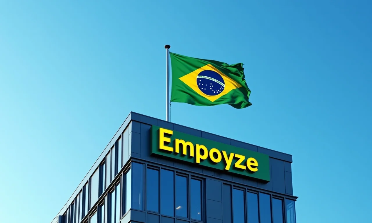 Prédio com logo da empresa e bandeira do Brasil ao vento.