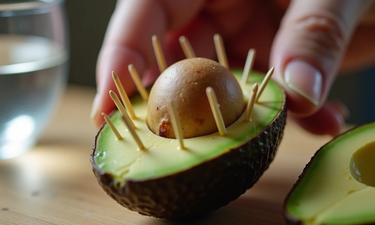 Preparando a semente de abacate com palitos para suspensão em água.